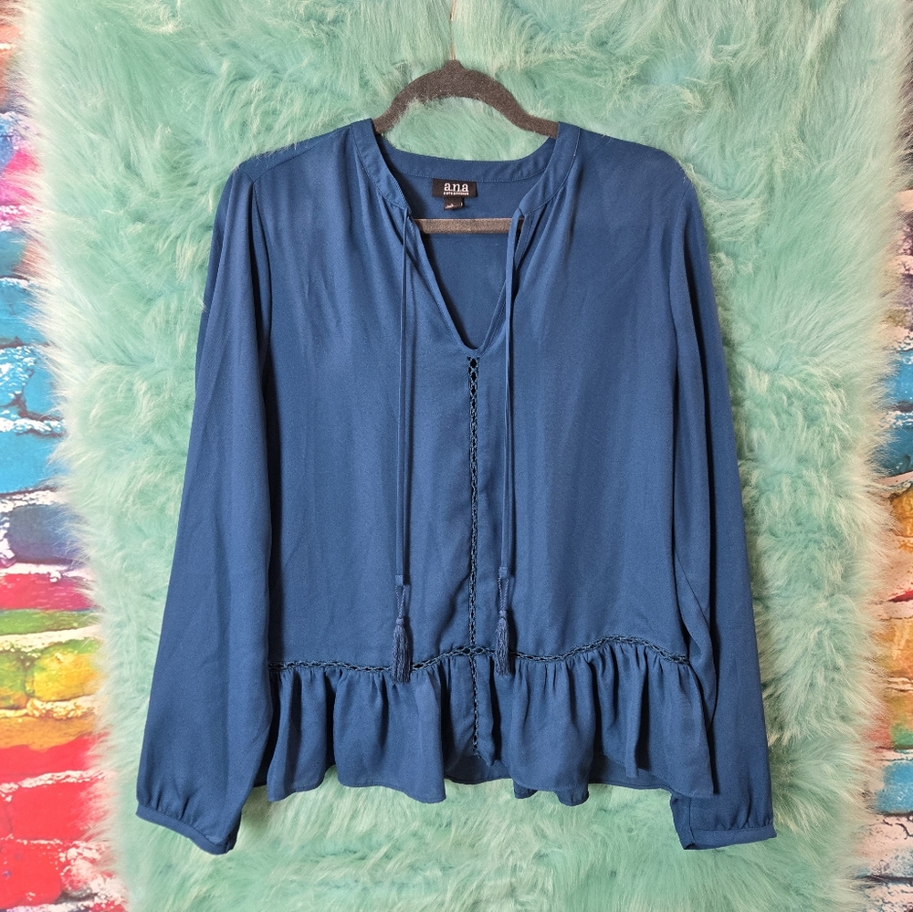 A.N.A A New Approach Blue Long Sleeve V Neck Front Tie Top Size L